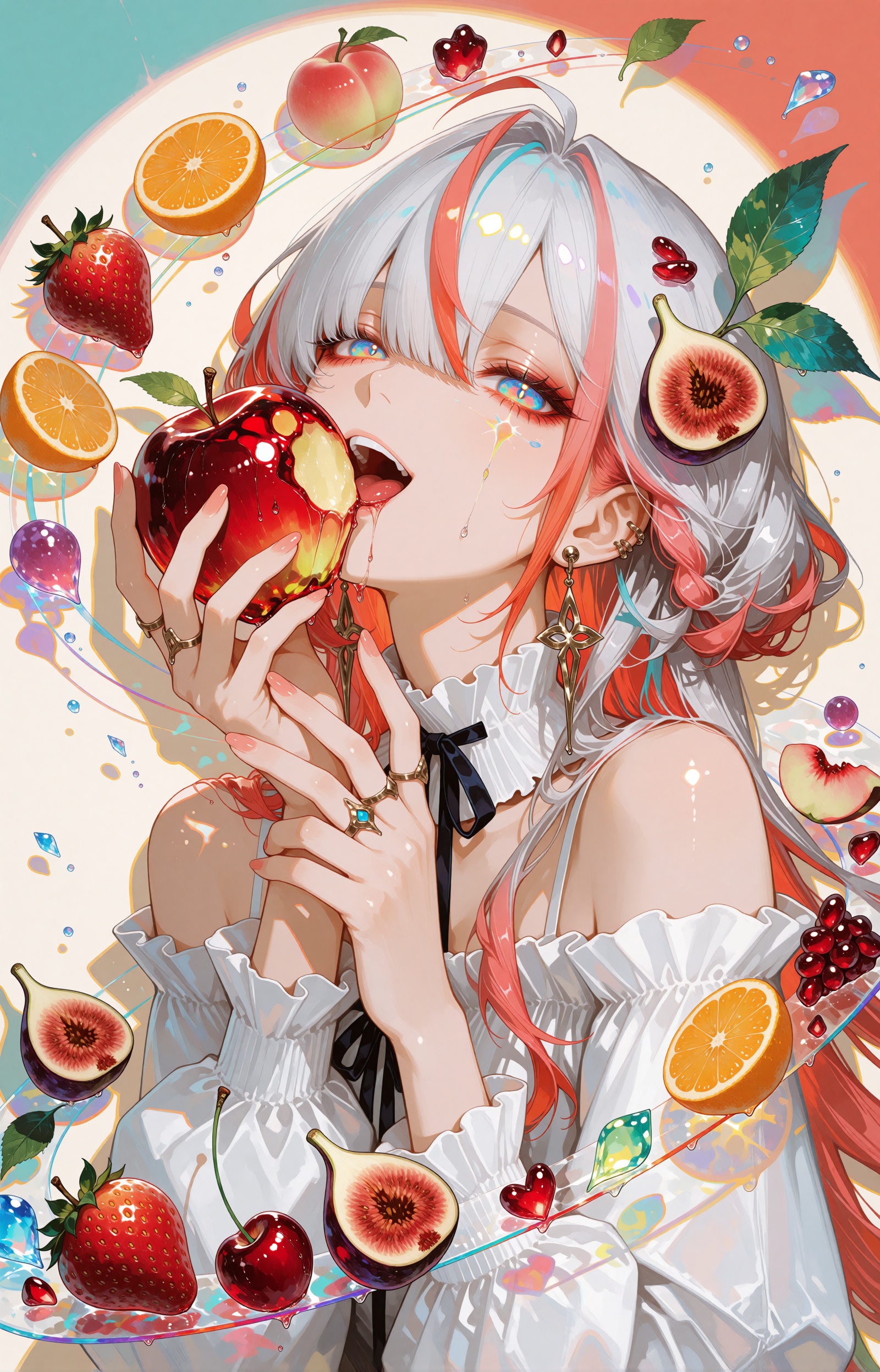 A vibrant anime editorial illustration of an ***** woman with voluminous silver-white hair streaked in coral pink,  orange...