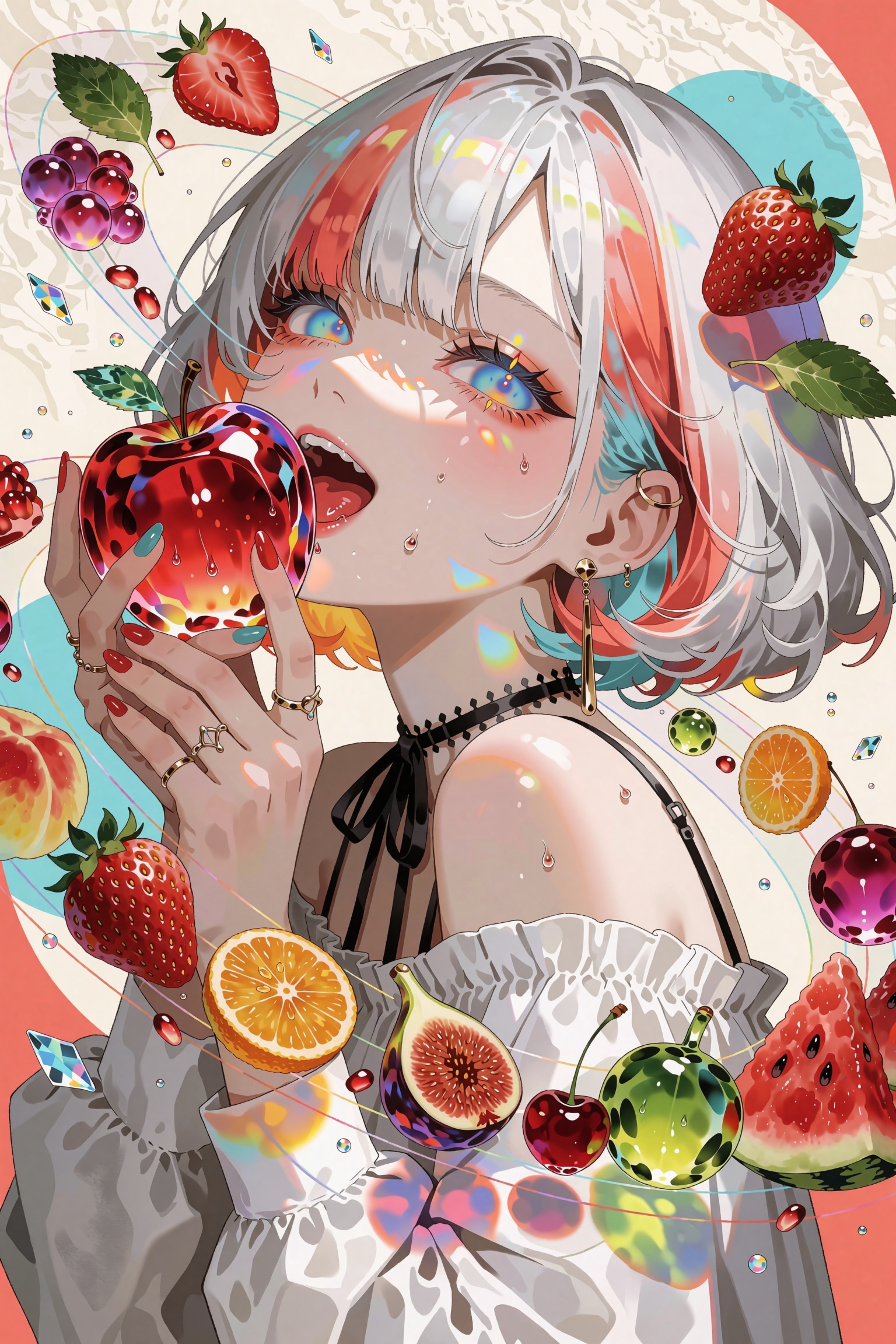A vibrant anime editorial illustration of an ***** woman with voluminous silver-white hair streaked in coral pink,  orange...