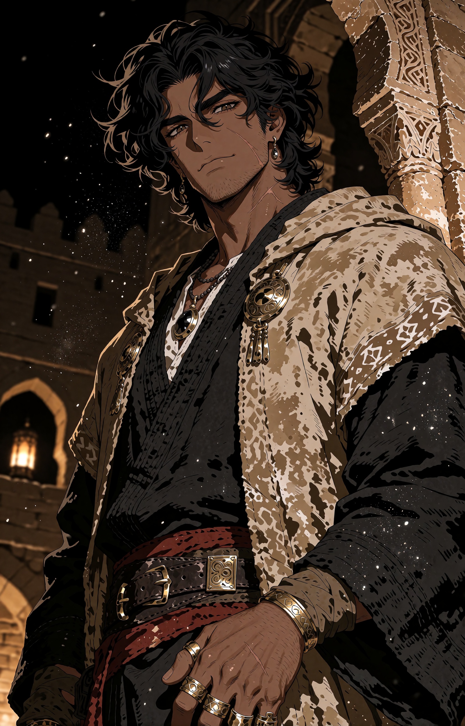 A sophisticated fantasy-anime portrait of a handsome ***** desert nobleman in his early thirties,  tall and powerfully bui...