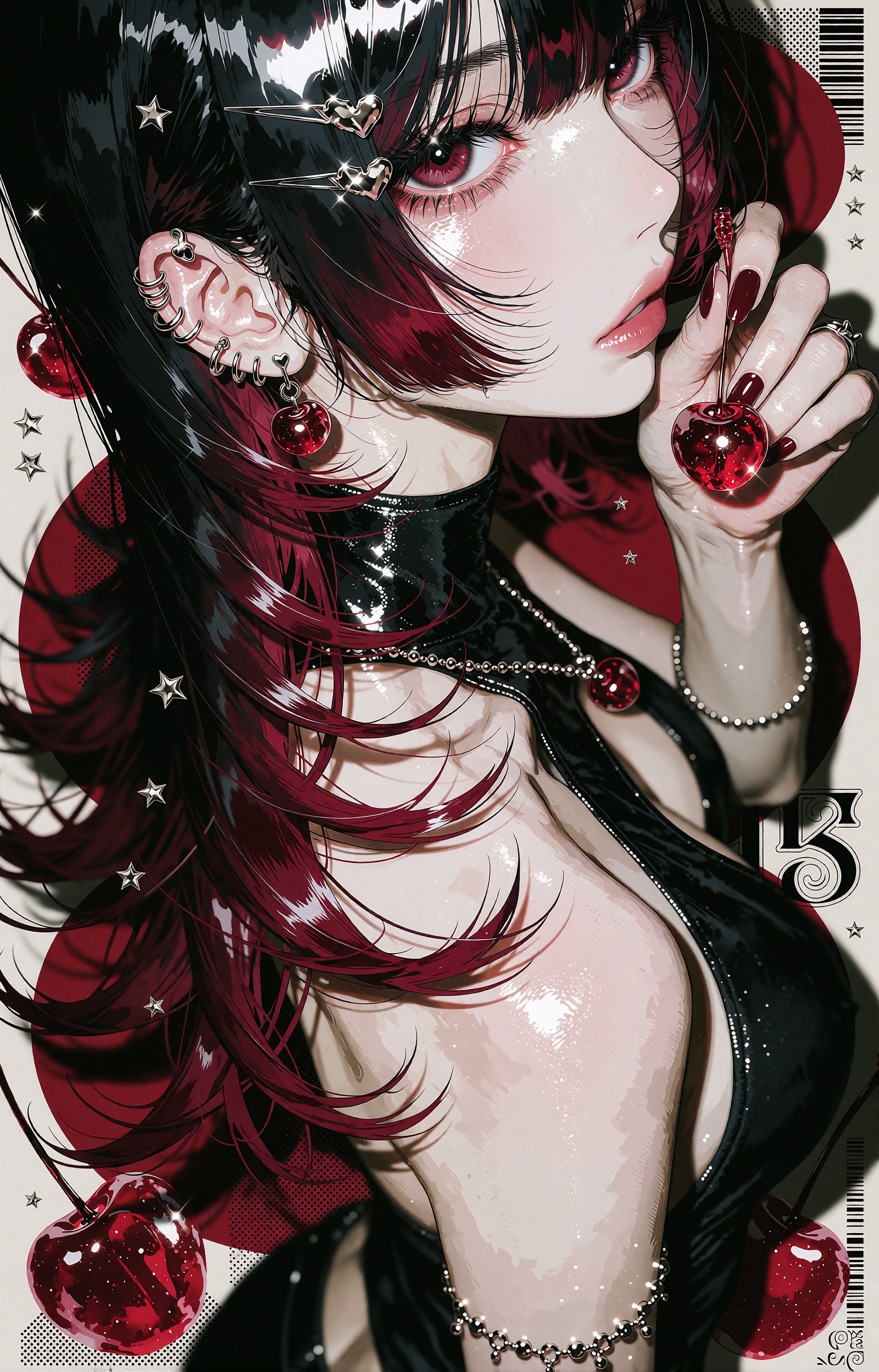 A vertical fashion-anime poster of a striking ***** woman with waist-length black hair fading into deep cherry red at the...