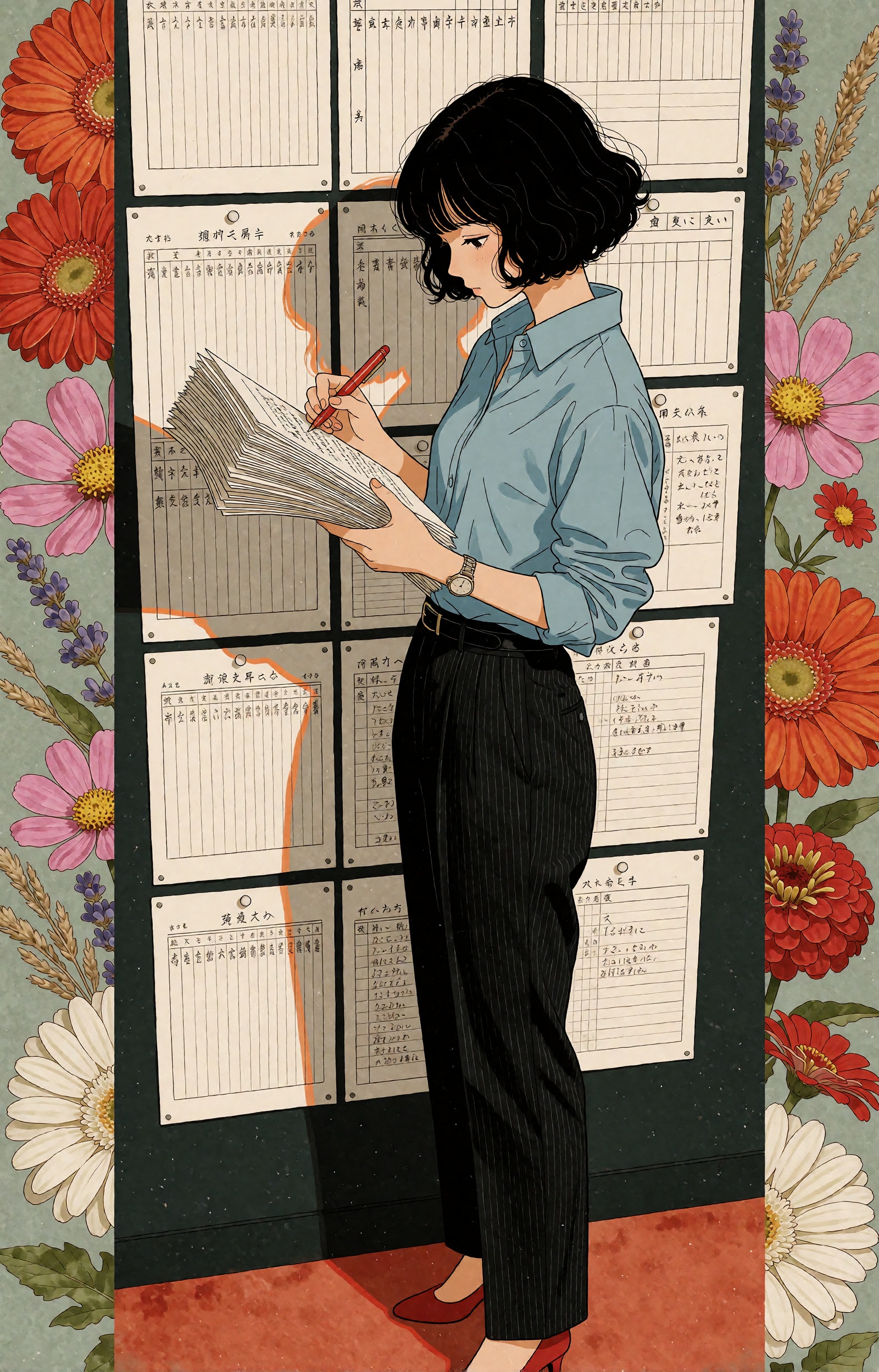 A young woman with short wavy black hair stands in profile,  her gaze lowered as she reviews a thick fanned stack of docum...
