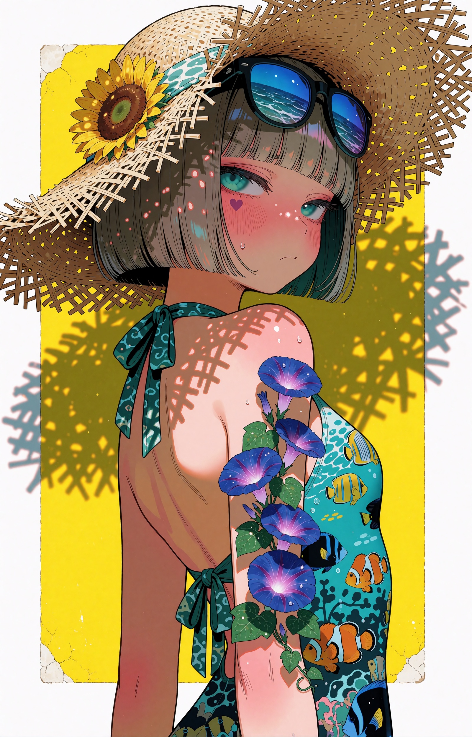 SUBJECT : A summer-day spirit girl with a blunt-cut ash-brown bob and heavy straight bangs glances back over her bare shou...