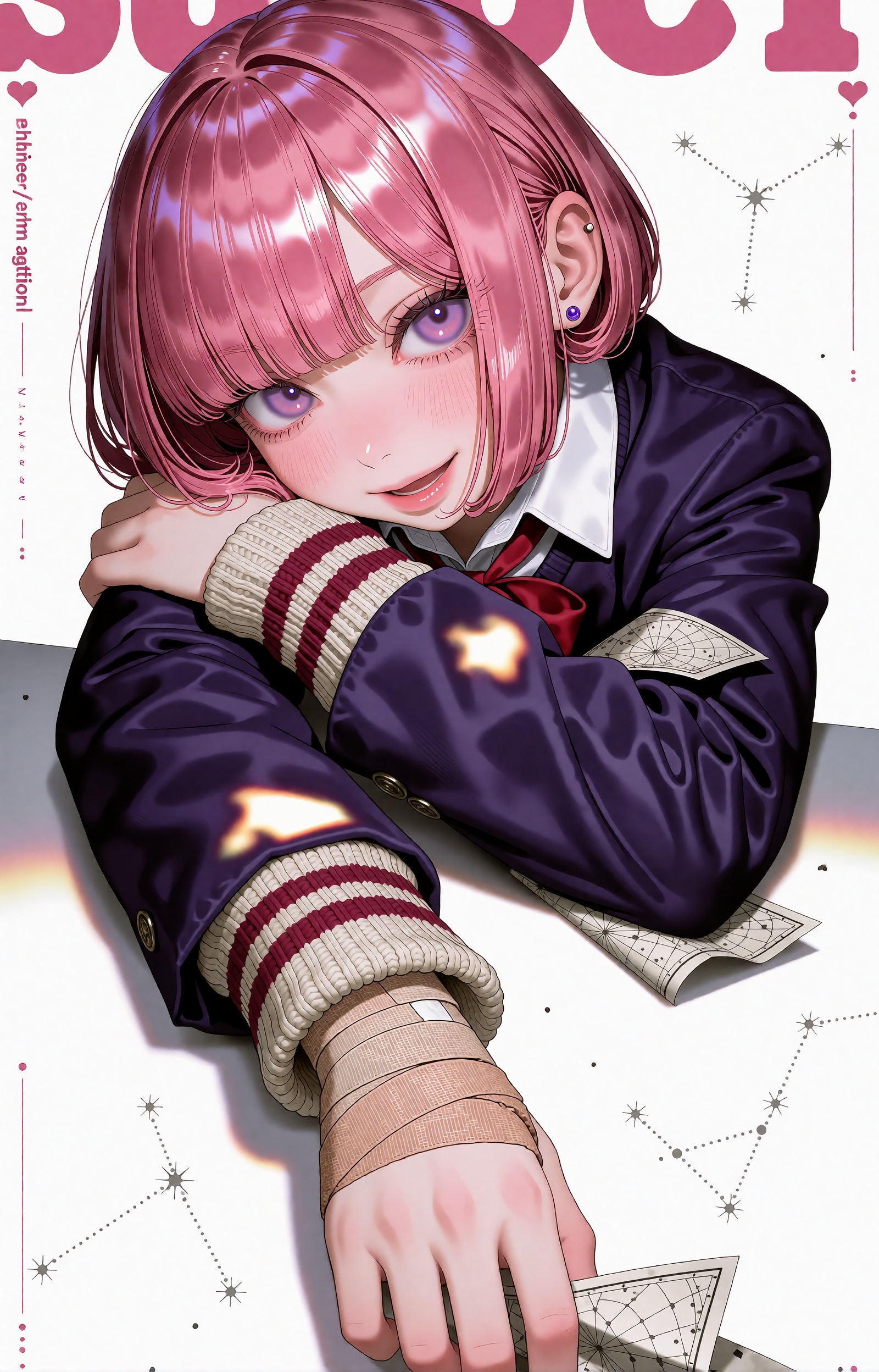SUBJECT: A young woman with a glossy rose-pink bob rests her cheek on her crossed arms,  gazing straight out of the page w...