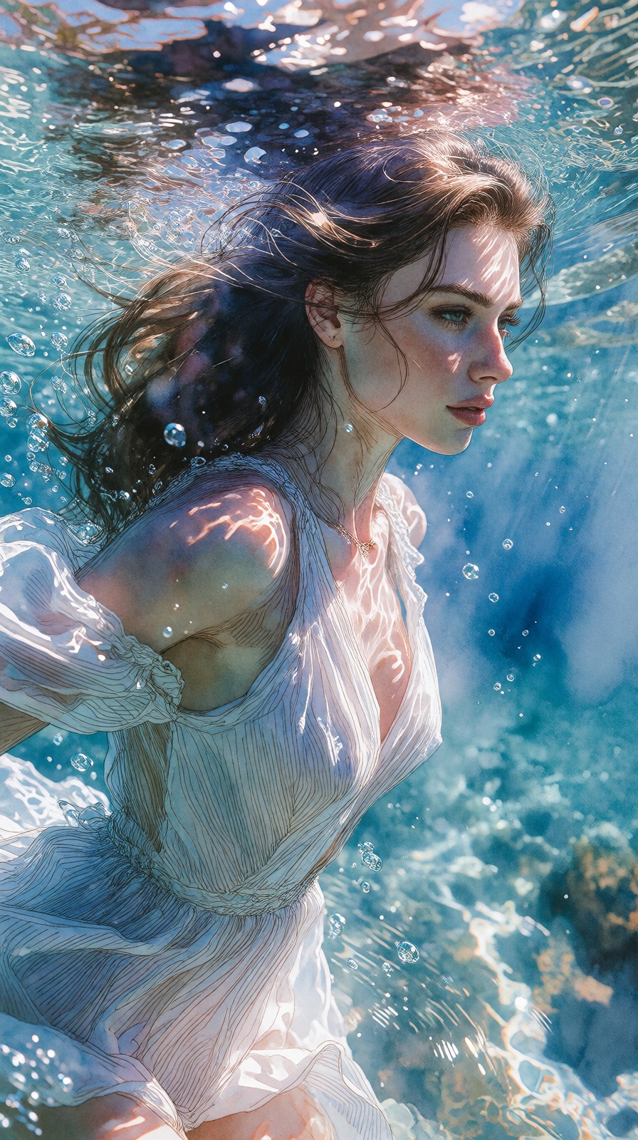 A highly detailed watercolor painting of a beautiful ***** woman swimming gracefully through a vibrant,  glassy Mediterran...
