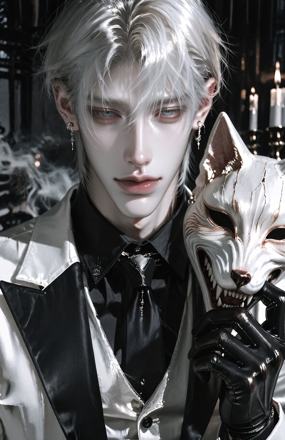 striking handsome young ***** man with pure white hair,  medium-length layered wolf cut reaching the neck,  long face-fram...