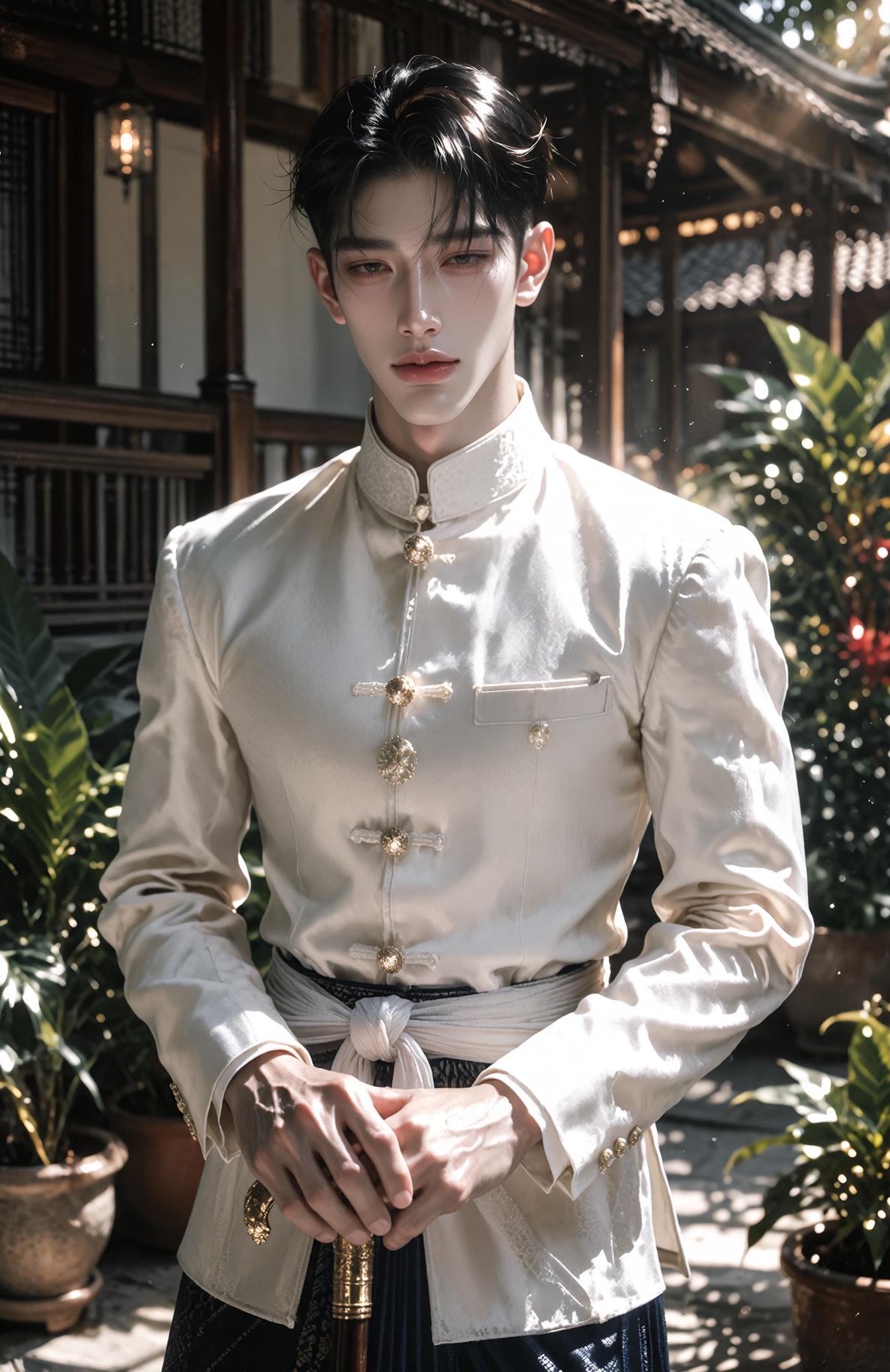 a handsome Thai man in the era of King Rama V to King Rama VI,  early 20th century Siam,  elegant Thai facial features on...