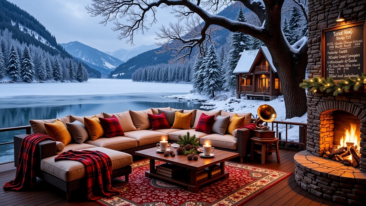 winterchristmascozynook,  - Main Subject: Luxurious outdoor winter lounge featuring a large L-shaped sectional in beige mi...