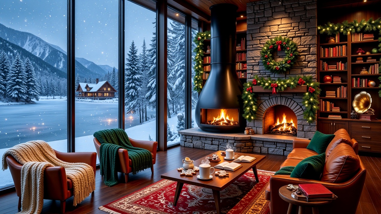winterchristmascozynook,  - Main Subject: Empty leather armchairs with chunky-knit wool throws in cream and forest green....