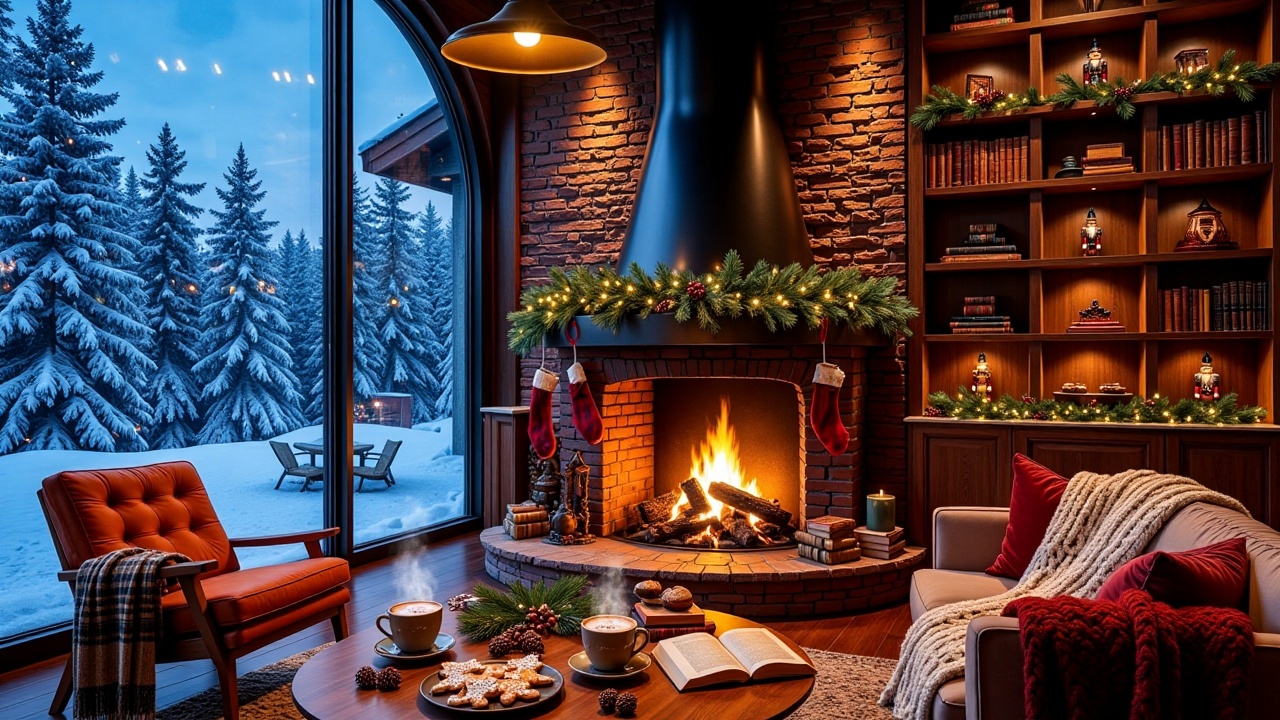 winterchristmascozynook,  - Main Subject: Large hearth of rustic red brick with a flared matte black metal chimney hood. T...