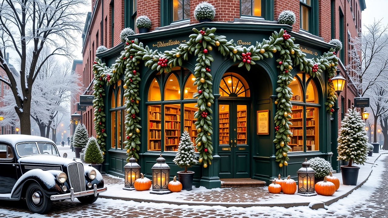 christmasstreetcafe,  - Main Subject: A dark green bookstore cafe facade decorated with thick frosted pine garlands,  red...