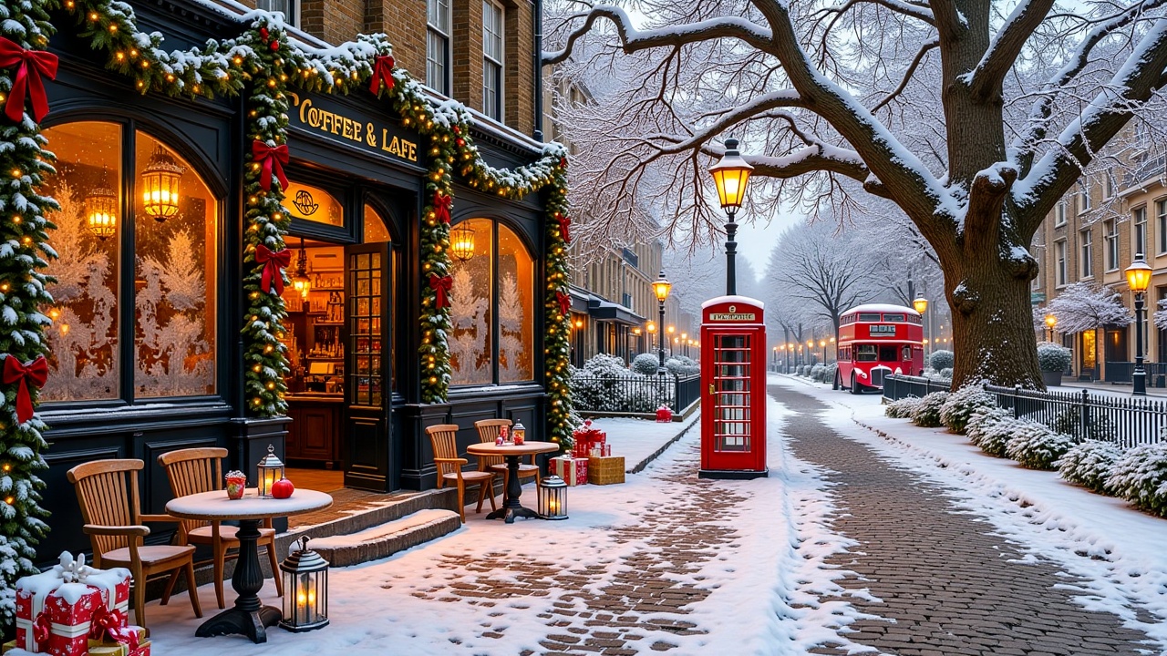 christmasstreetcafe,  - Main Subject: A dark-framed vintage cafe storefront adorned with thick evergreen garlands,  red ve...