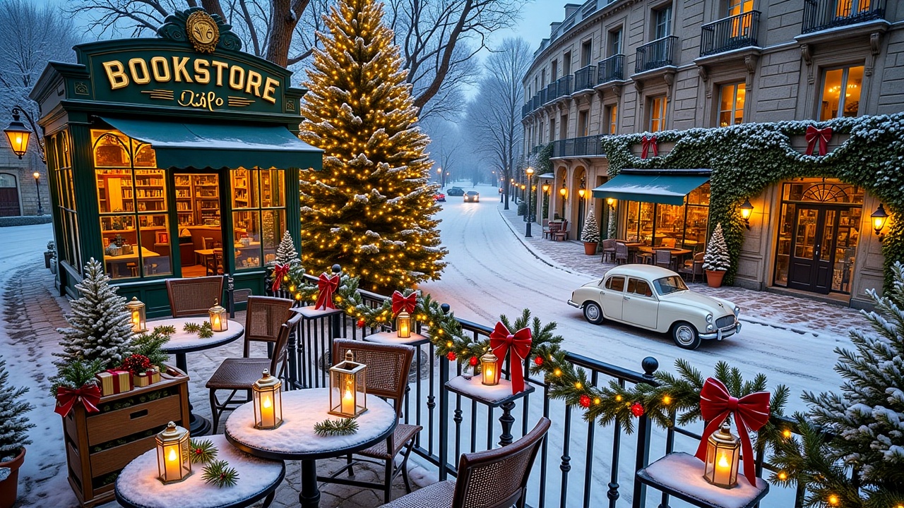 christmasstreetcafe,  - Main Subject: A hunter-green "Bookstore Cafe" with arched glass windows and gold lettering. Beside...