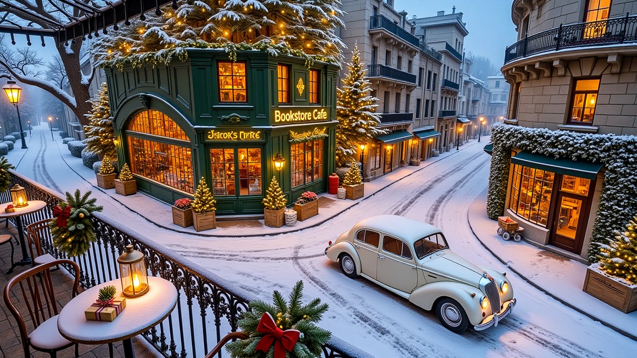christmasstreetcafe,  - Main Subject: A hunter-green "Bookstore Cafe" with arched glass windows and gold lettering. Beside...