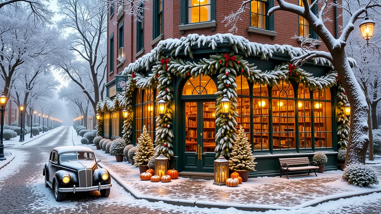 christmasstreetcafe,  - Main Subject: A dark green bookstore cafe facade decorated with thick frosted pine garlands,  red...