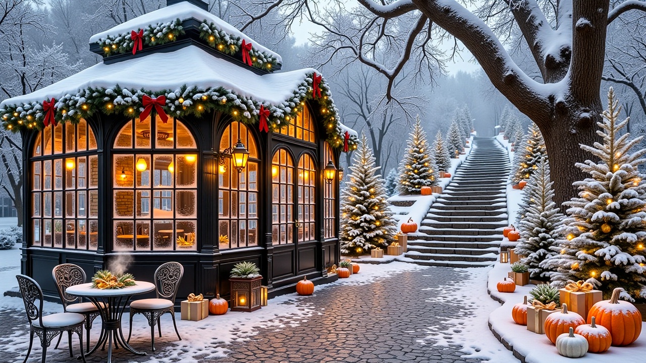 christmasstreetcafe,  - Main Subject: Victorian-style dark metal and glass café pavilion covered in a thick layer of white...