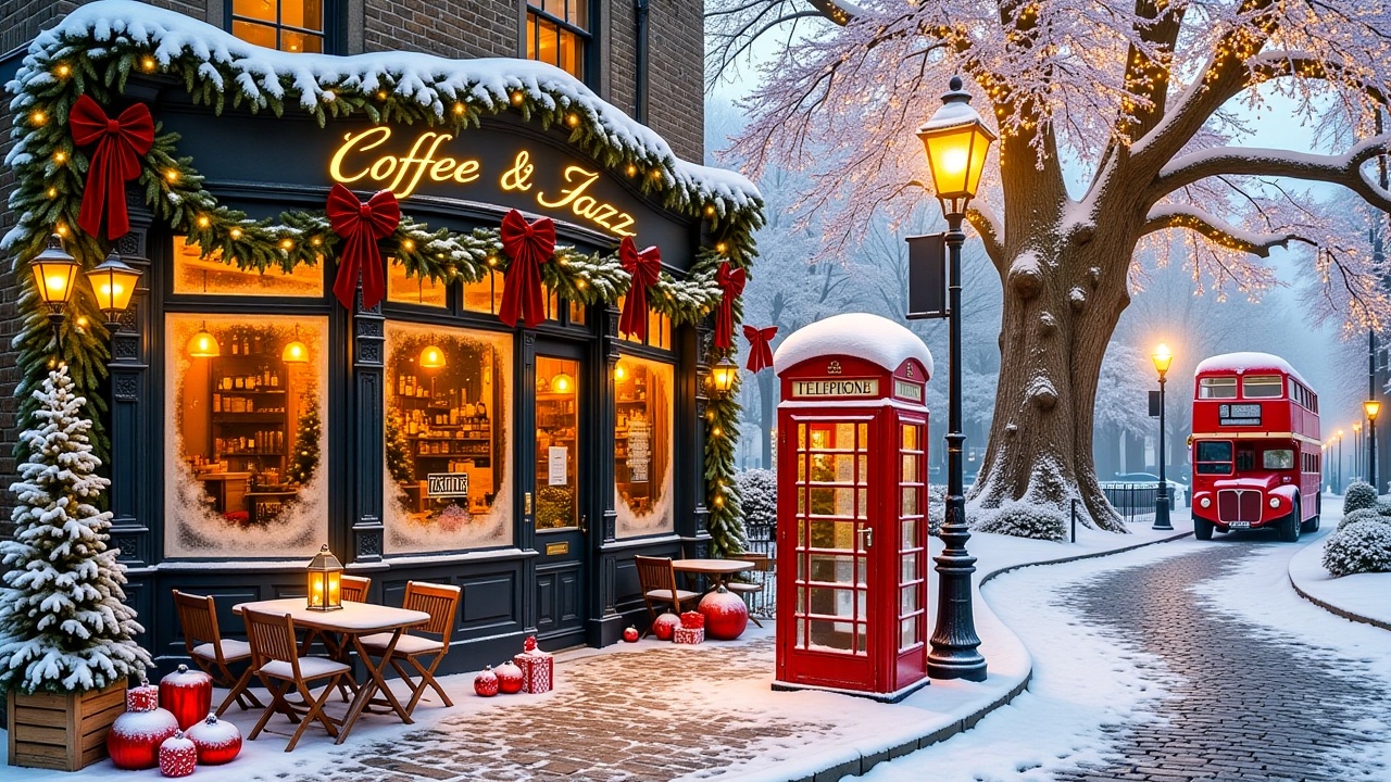 christmasstreetcafe,  - Main Subject: A dark-framed vintage cafe storefront adorned with thick evergreen garlands,  red ve...