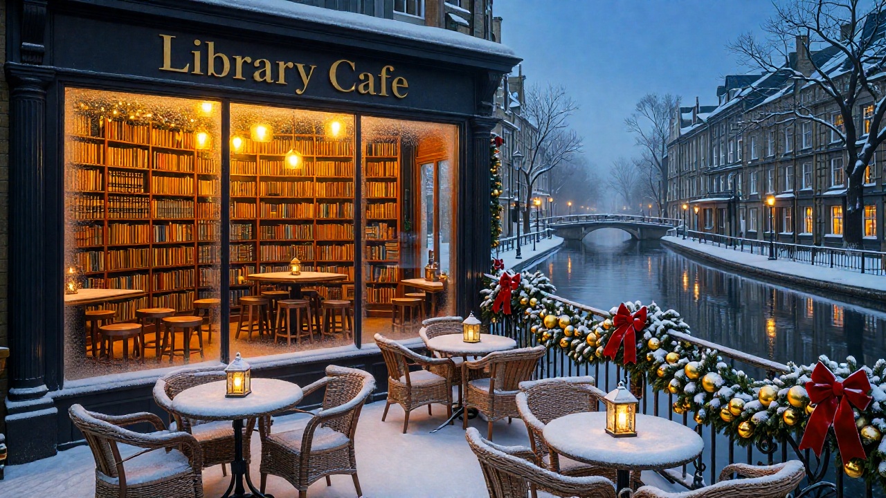 zchristmasstreetcafe,  - Main Subject: A dark-framed "Library Cafe" facade with gold lettering. Through the frosted glass,...