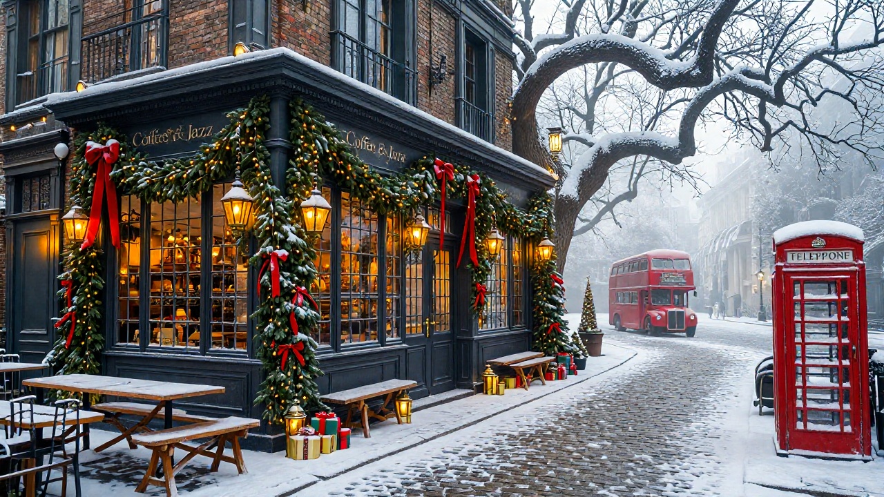 zchristmasstreetcafe,  - Main Subject: A dark charcoal-painted timber cafe facade featuring large mullioned windows and go...