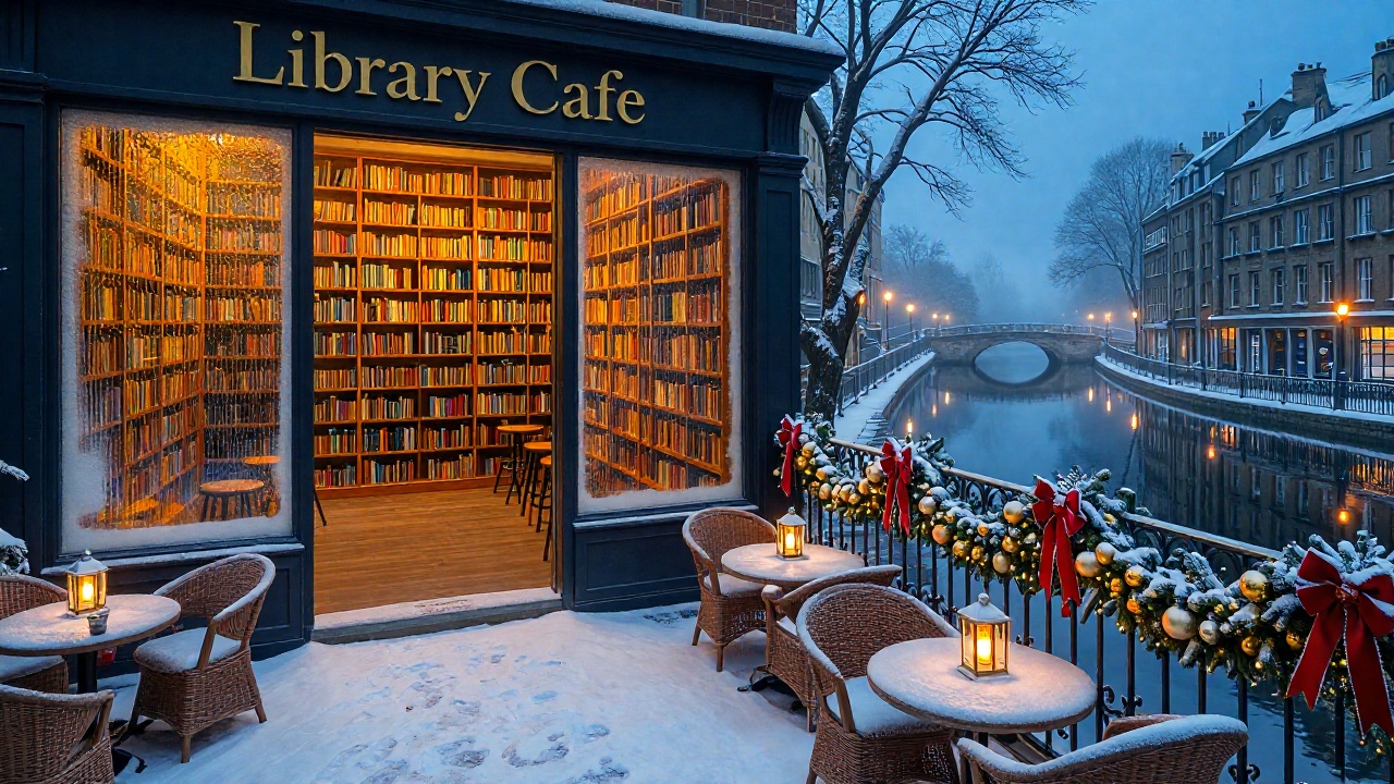 zchristmasstreetcafe,  - Main Subject: A dark-framed "Library Cafe" facade with gold lettering. Through the frosted glass,...