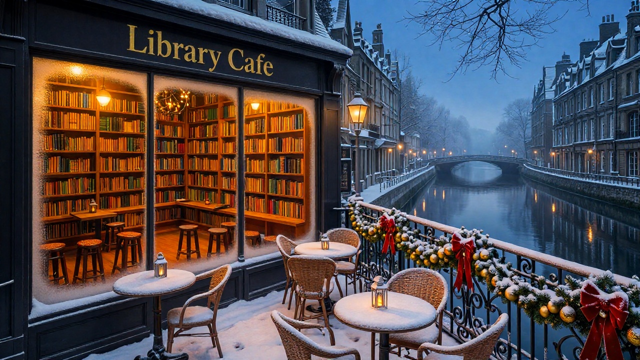 zchristmasstreetcafe,  - Main Subject: A dark-framed "Library Cafe" facade with gold lettering. Through the frosted glass,...