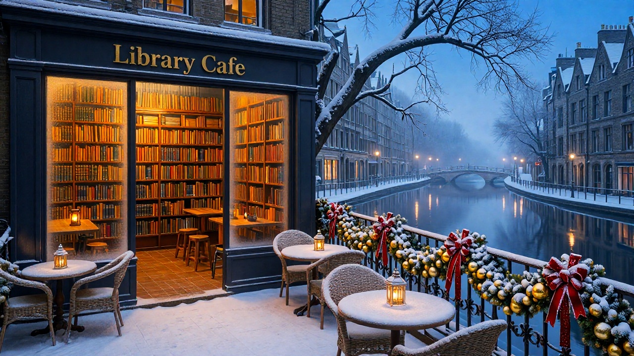 zchristmasstreetcafe,  - Main Subject: A dark-framed "Library Cafe" facade with gold lettering. Through the frosted glass,...
