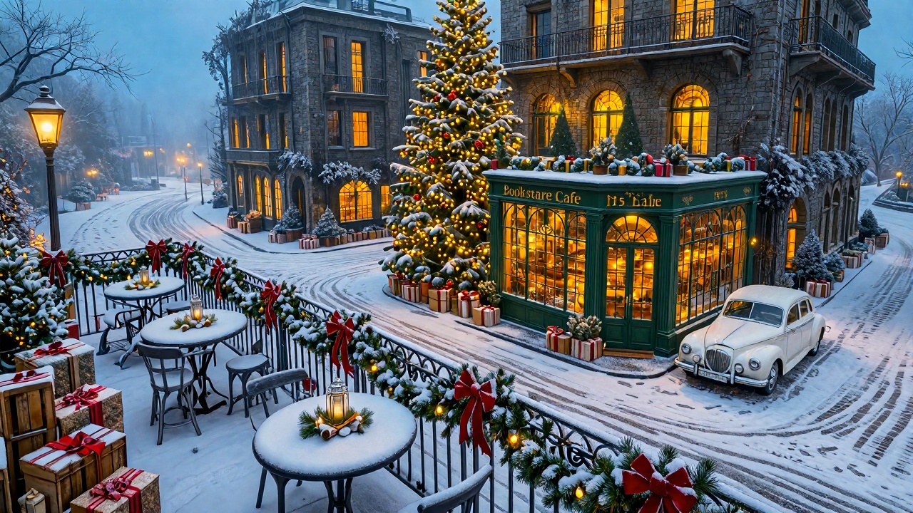 zchristmasstreetcafe,  - Main Subject: A hunter-green "Bookstore Cafe" with arched glass windows and gold lettering. Besid...