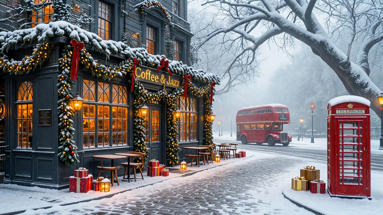 zchristmasstreetcafe,  - Main Subject: A dark charcoal-painted timber cafe facade featuring large mullioned windows and go...