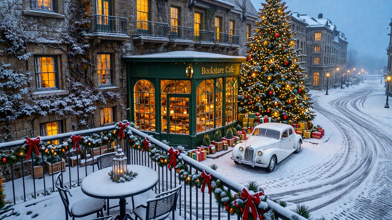 zchristmasstreetcafe,  - Main Subject: A hunter-green "Bookstore Cafe" with arched glass windows and gold lettering. Besid...