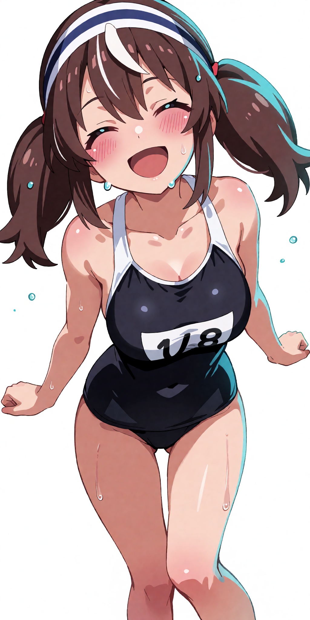 A breathtaking anime masterpiece featuring a joyful young woman with warm peachy skin,  rosy cheek blush,  and an open-mou...