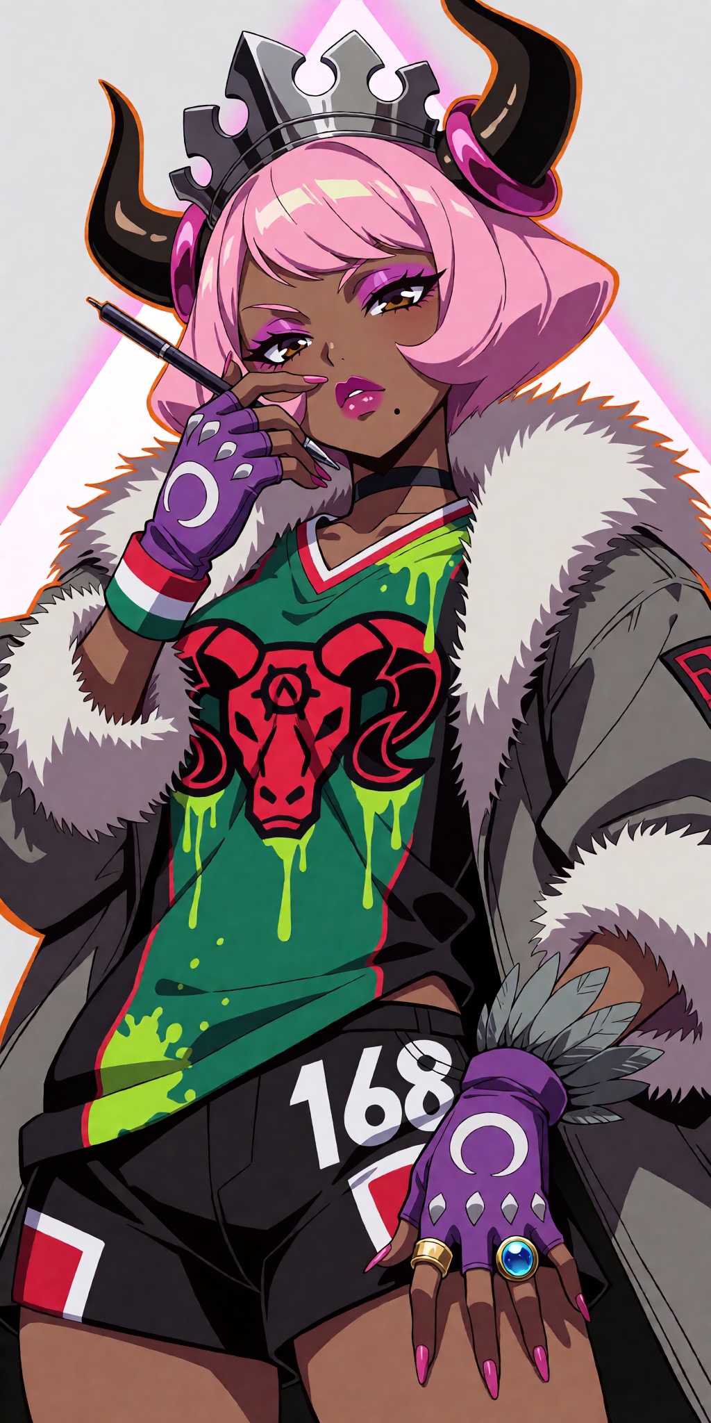 A breathtaking anime masterpiece featuring a dark-skinned woman with a voluminous pink bob,  soft cheek curls,  a lighter...