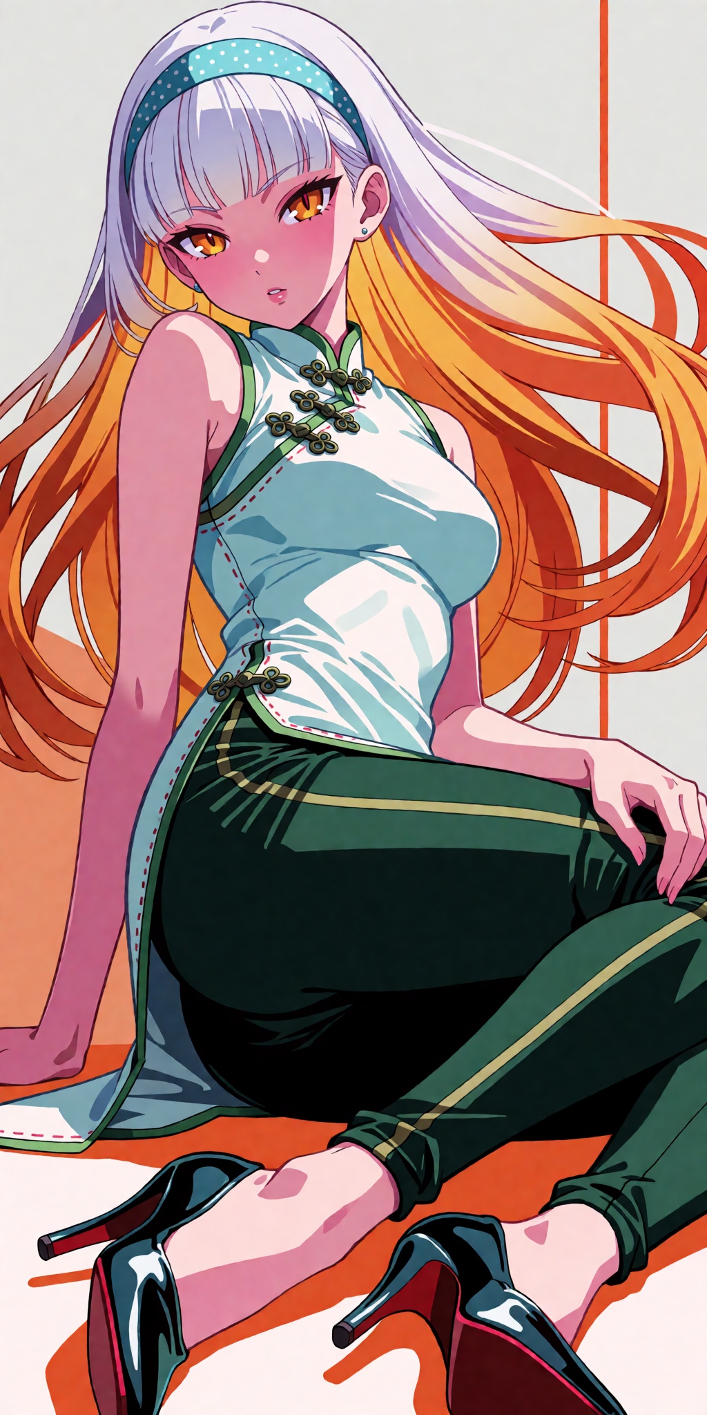 A breathtaking anime masterpiece featuring a poised female figure with smooth pale skin,  rosy cheek and joint blush,  and...
