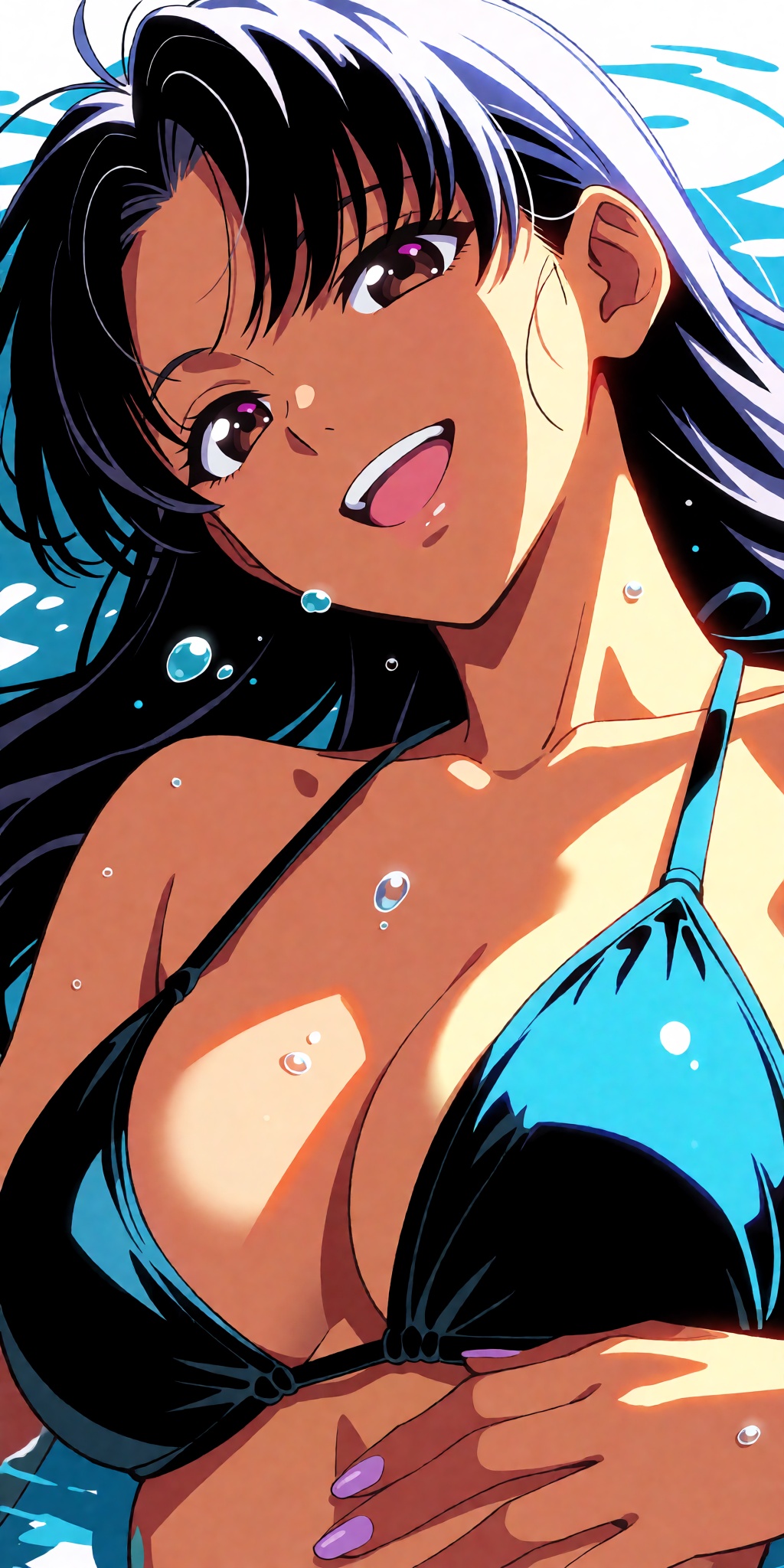 A breathtaking anime masterpiece featuring a radiant tan-skinned young woman reclining in a relaxed sunlit pose. Her long...