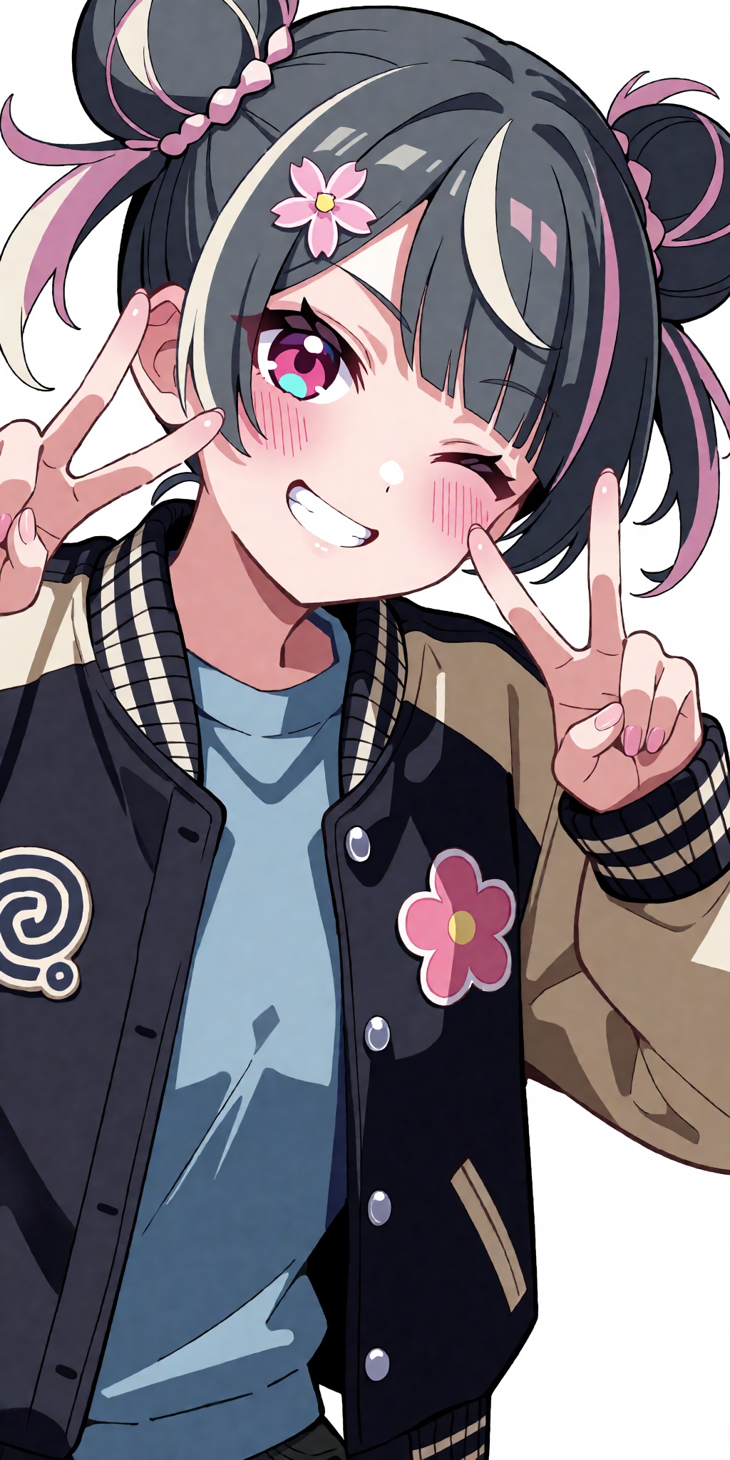 A breathtaking anime masterpiece featuring a cheerful young anime girl with slate-grey hair featuring cream-white streaks,...