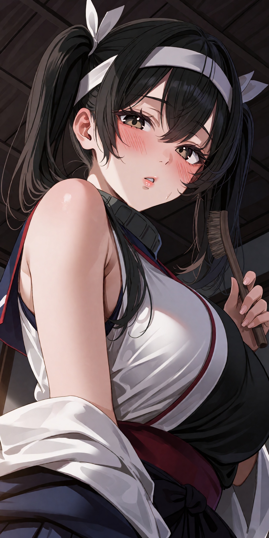 A breathtaking anime masterpiece featuring Soryuu from Kantai Collection with long black hair styled in twintails,  hair b...