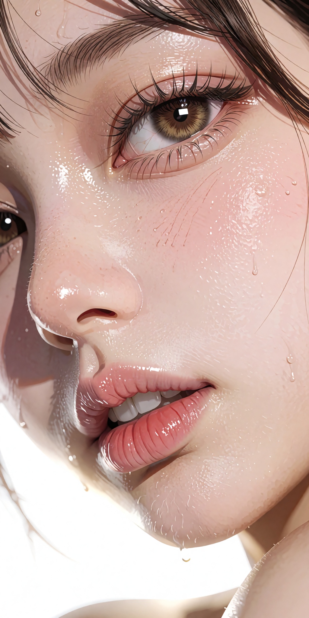 A breathtaking anime masterpiece featuring an extreme close-up of a young woman's face angled slightly left,  with high-de...