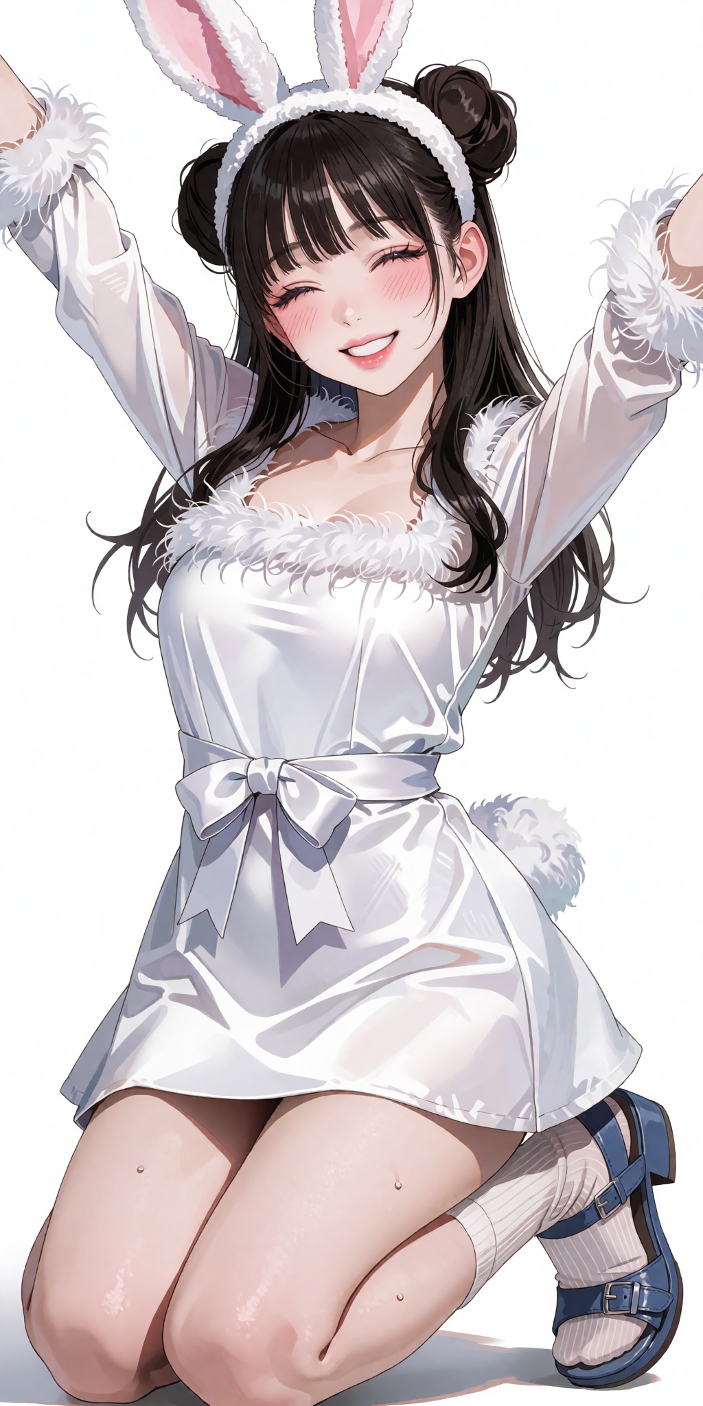 A breathtaking anime masterpiece featuring a joyful young Asian woman with straight bangs,  twin space buns,  cascading lo...