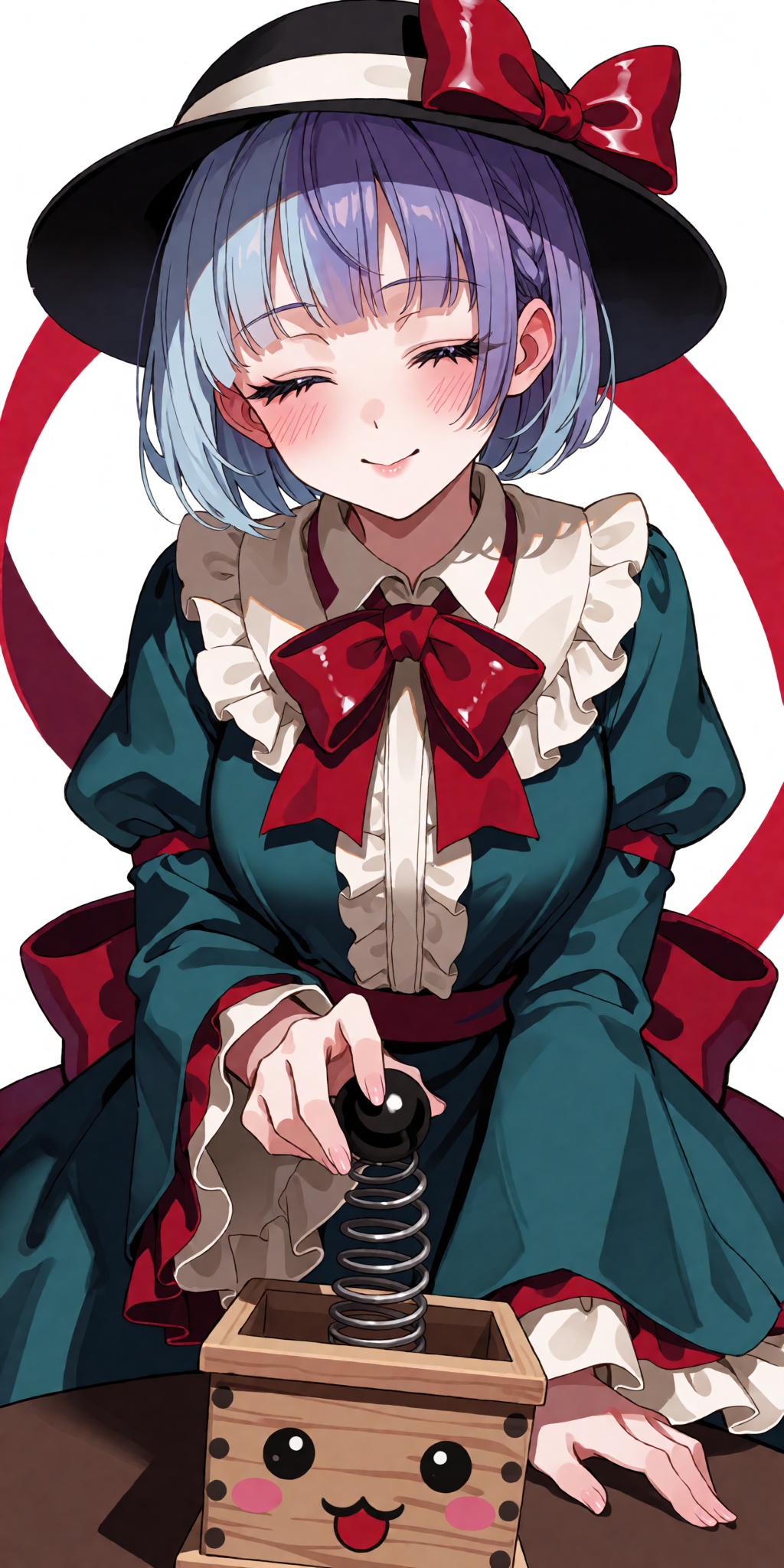A breathtaking anime masterpiece featuring a young woman with a chin-length purple bob,  blunt bangs,  pale blue crown hig...