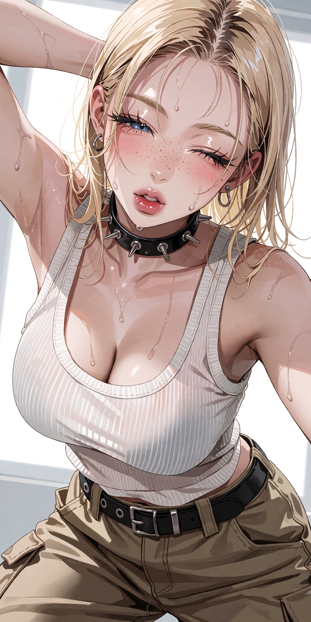 A breathtaking anime masterpiece featuring a young woman with fine damp bleached blonde hair,  visible darker roots,  indi...