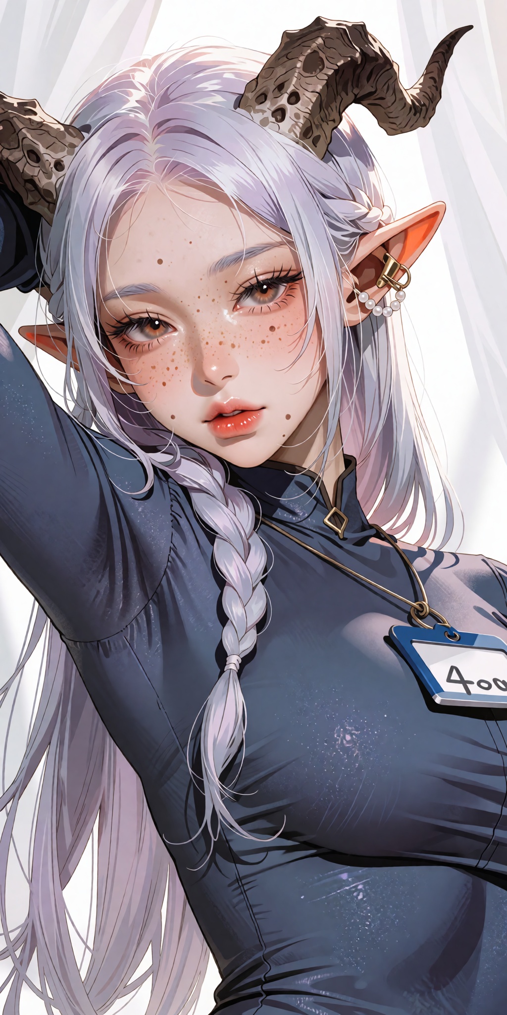 A breathtaking anime masterpiece featuring a fantasy elf-demon hybrid young woman with fine skin texture,  scattered nose...