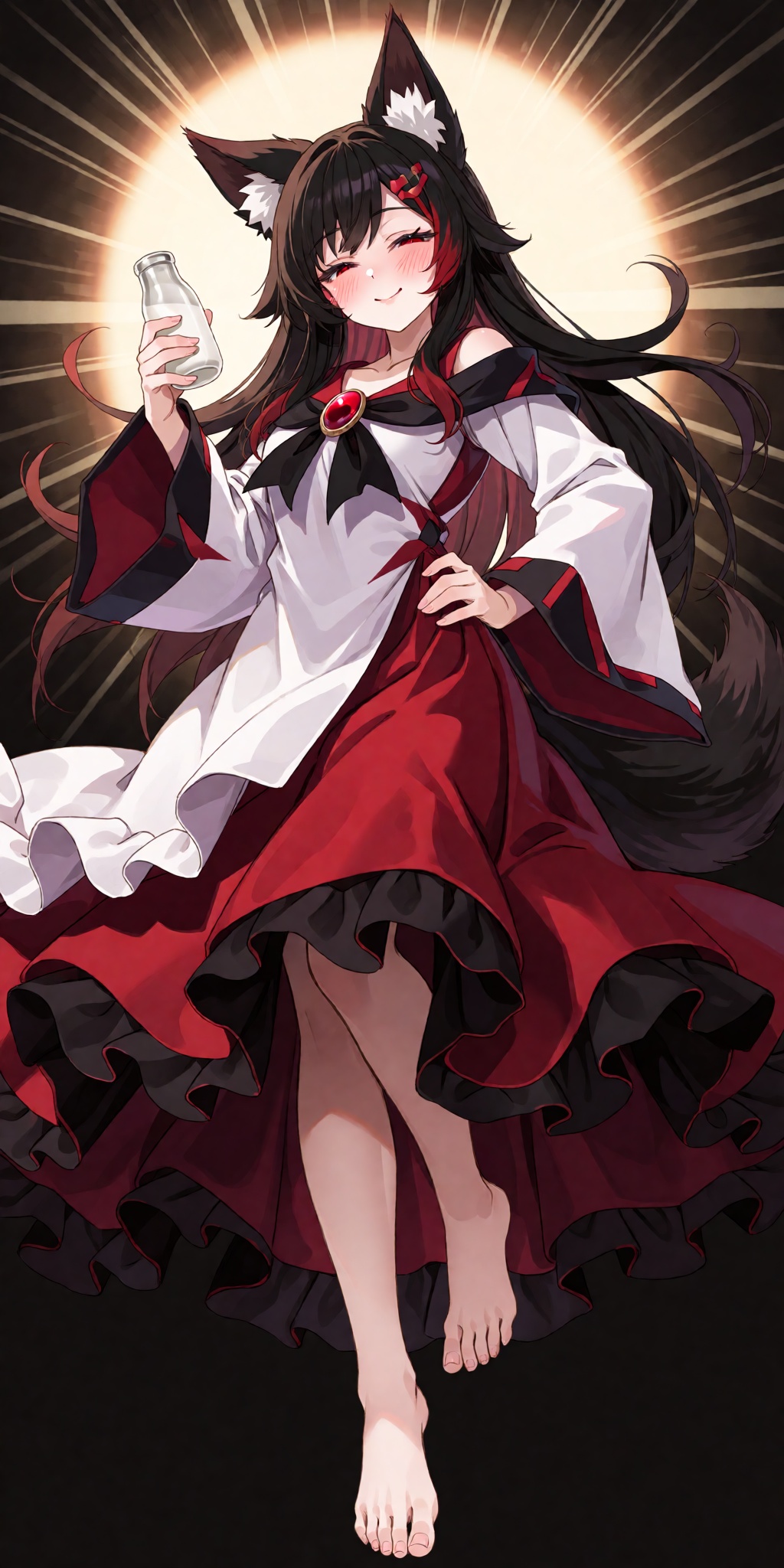 A breathtaking anime masterpiece featuring Imaizumi Kagerou from Touhou with long black hair,  fluffy wolf ears,  and a dy...