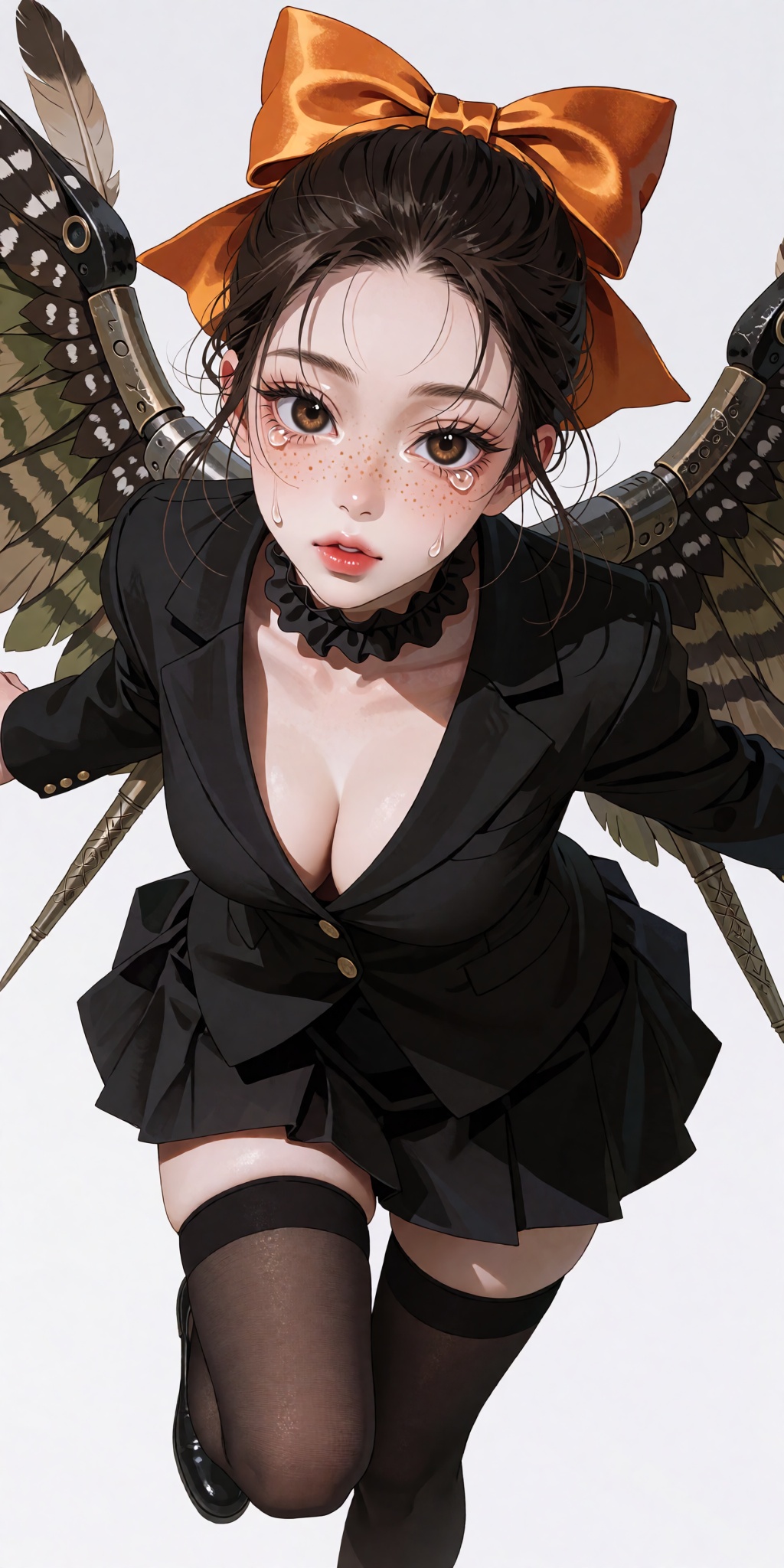 A breathtaking anime masterpiece featuring a young woman cosplaying with deliberate faux freckles across her nose and chee...