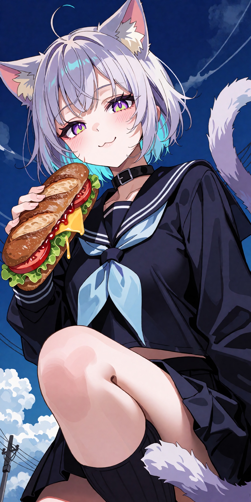 A breathtaking anime masterpiece featuring a cat-eared girl with short choppy lavender-white hair,  cyan-tinted tips,  flu...
