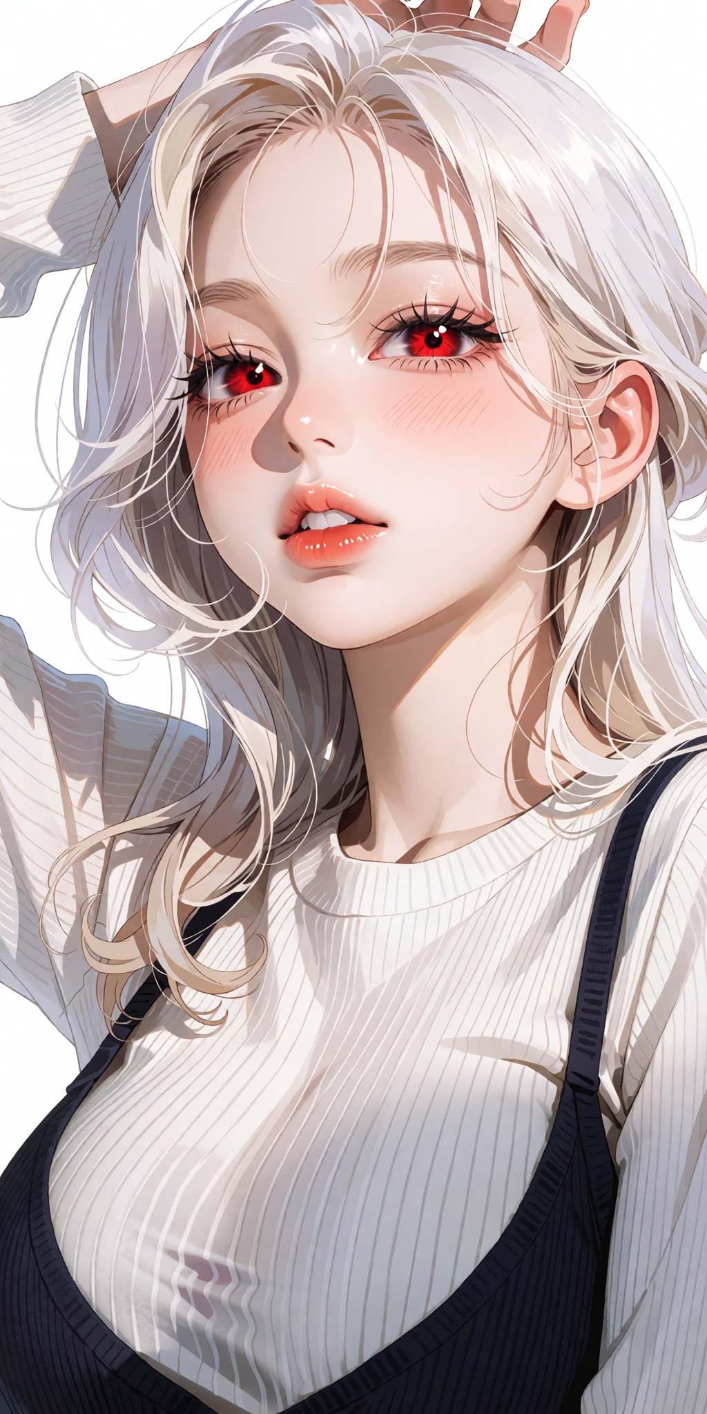 A breathtaking anime masterpiece featuring a young woman with complex multi-tonal platinum-white and pale-blonde loose wav...