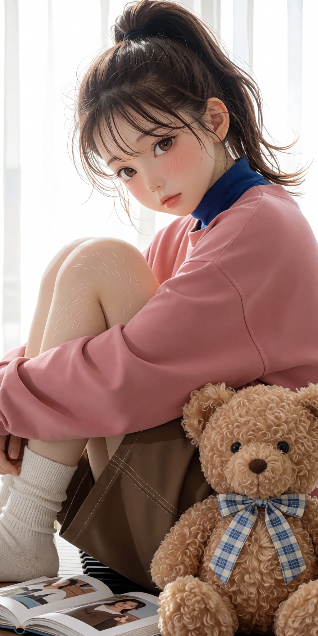 A breathtaking anime masterpiece featuring a young woman sitting with her knees drawn up,  a natural rosy cheek flush,  fi...