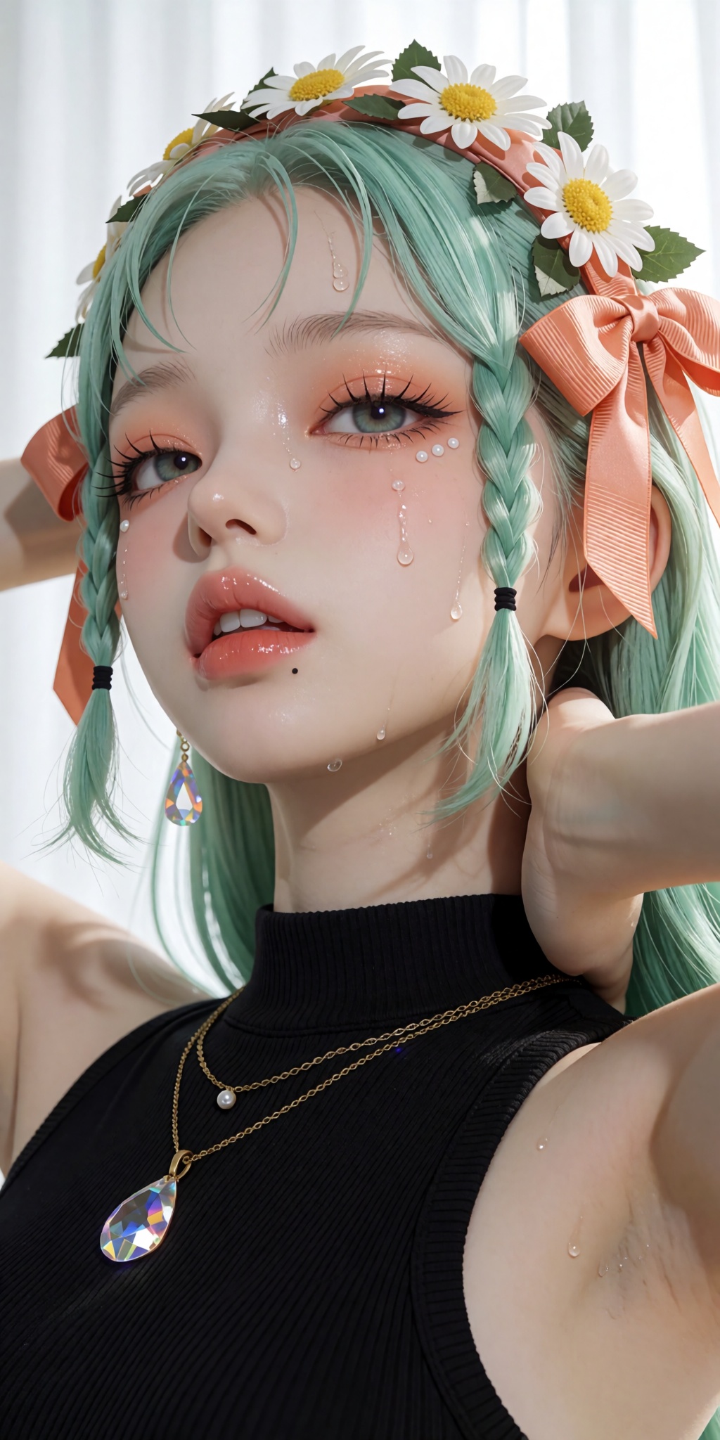 A breathtaking anime masterpiece featuring a young woman with long mint-teal hair,  thin backlit flyaway strands,  two sma...