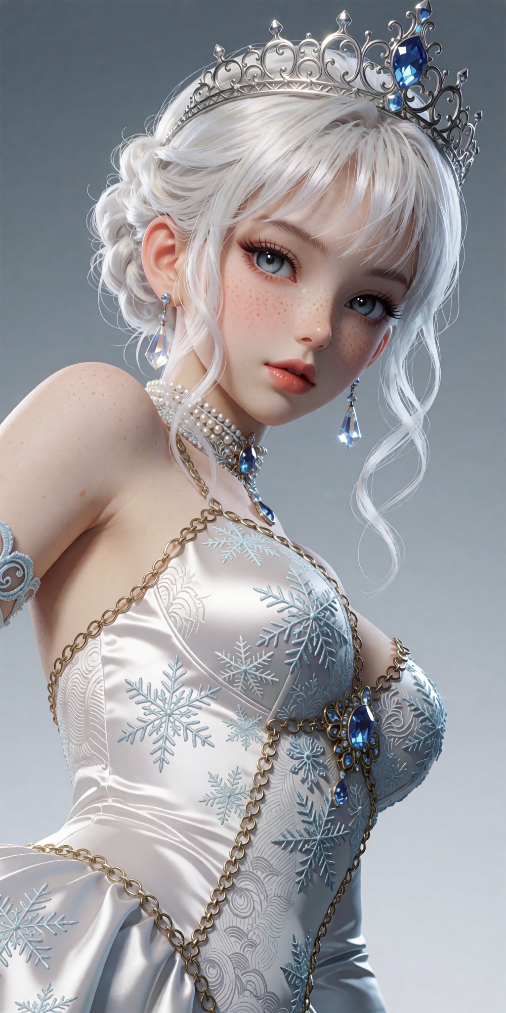 A breathtaking anime masterpiece featuring a regal young woman in three-quarter profile with realistic freckled skin textu...