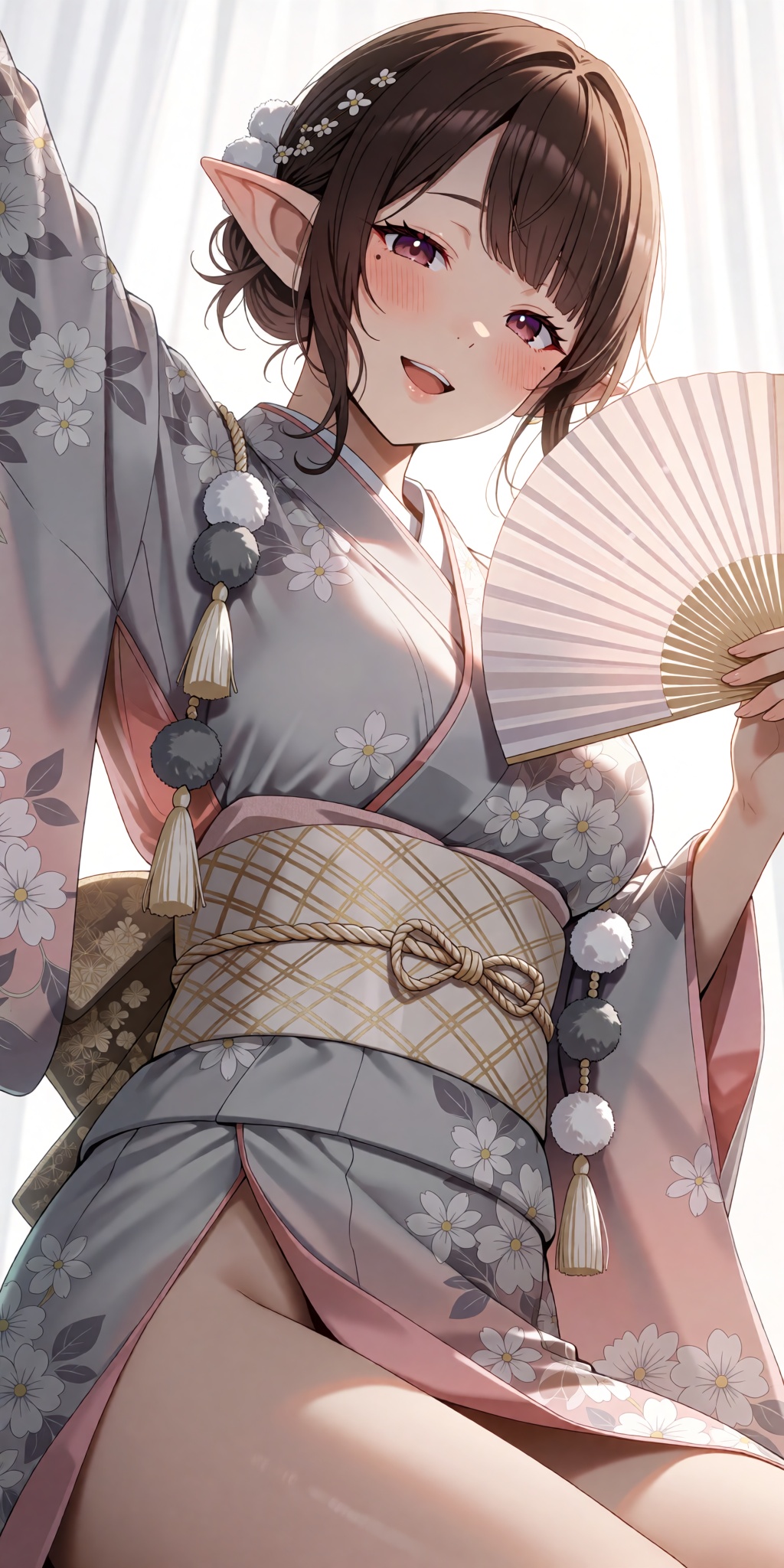 A breathtaking anime masterpiece featuring a smiling young woman styled as an elf with smooth skin,  a right cheek mole,...