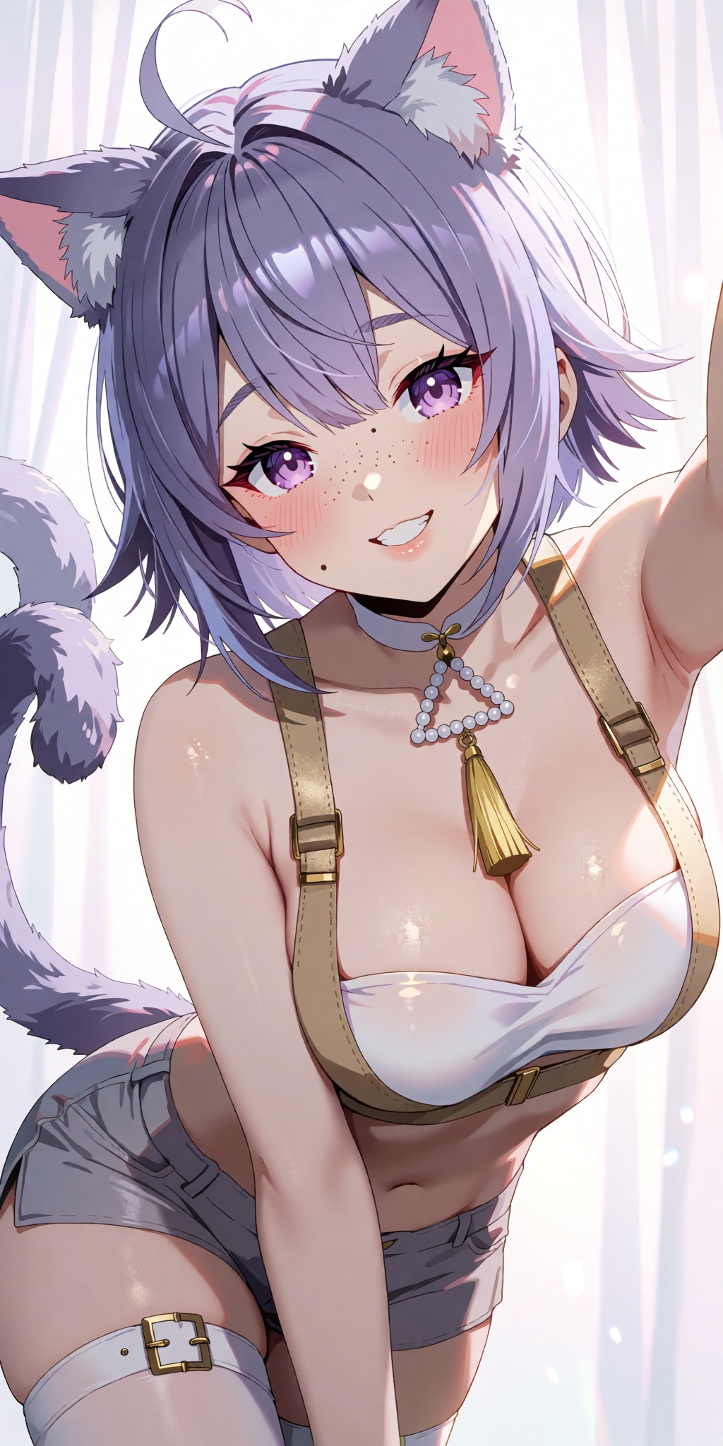 A breathtaking anime masterpiece featuring a young cosplayer with a cool lilac bob,  choppy bangs,  individually defined h...