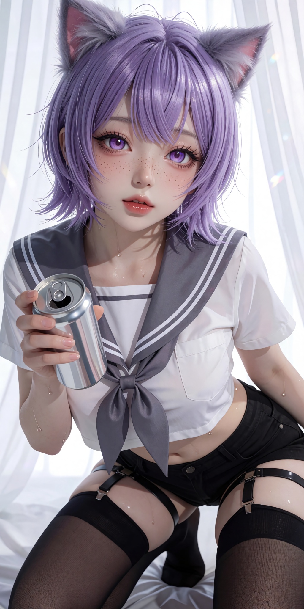 A breathtaking anime masterpiece featuring a cosplayer with a short lavender-purple bob,  fine escaping hair strands,  fuz...