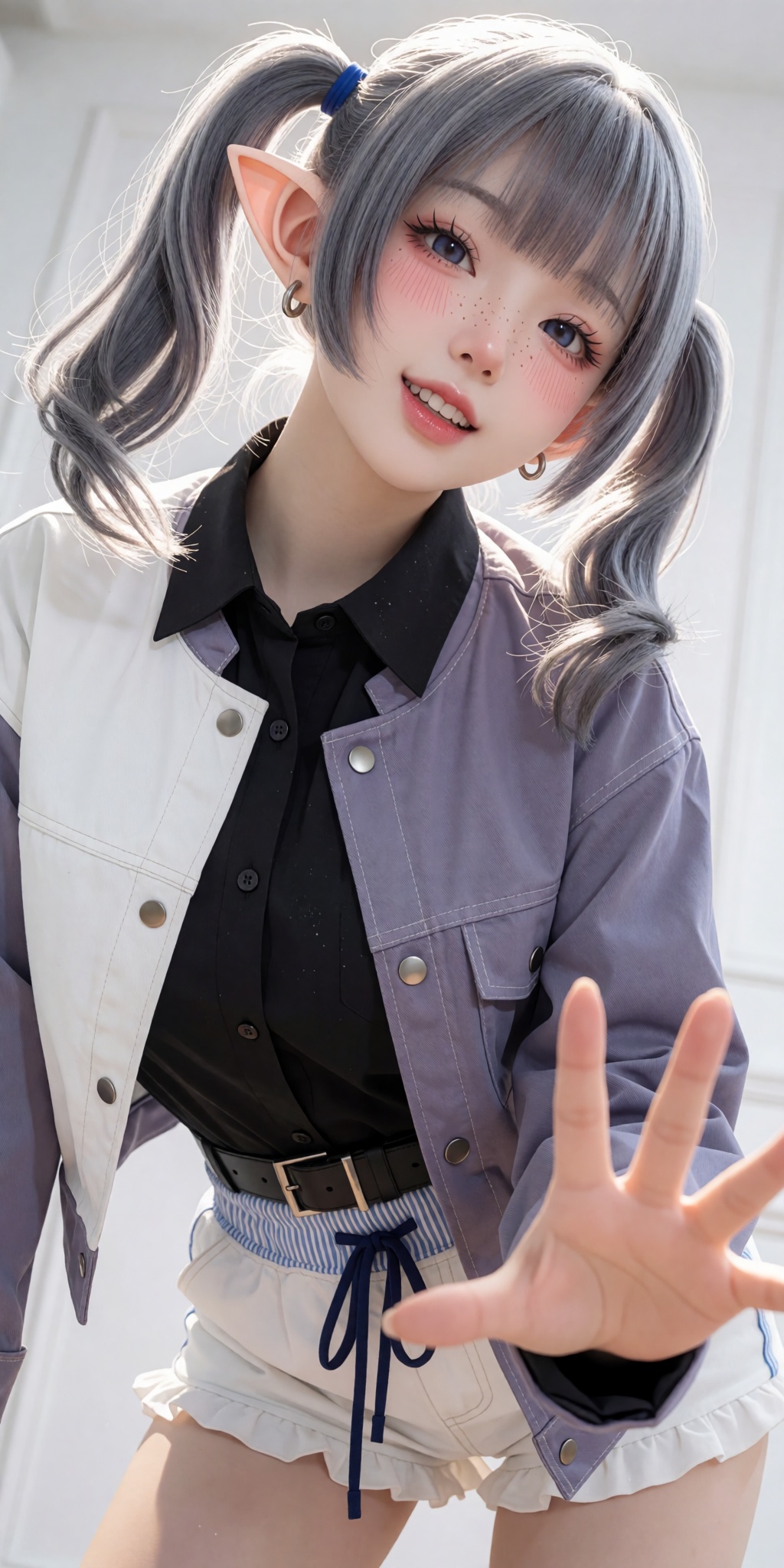 A breathtaking anime masterpiece featuring a young woman cosplayer with a smiling expression revealing upper teeth,  a hea...